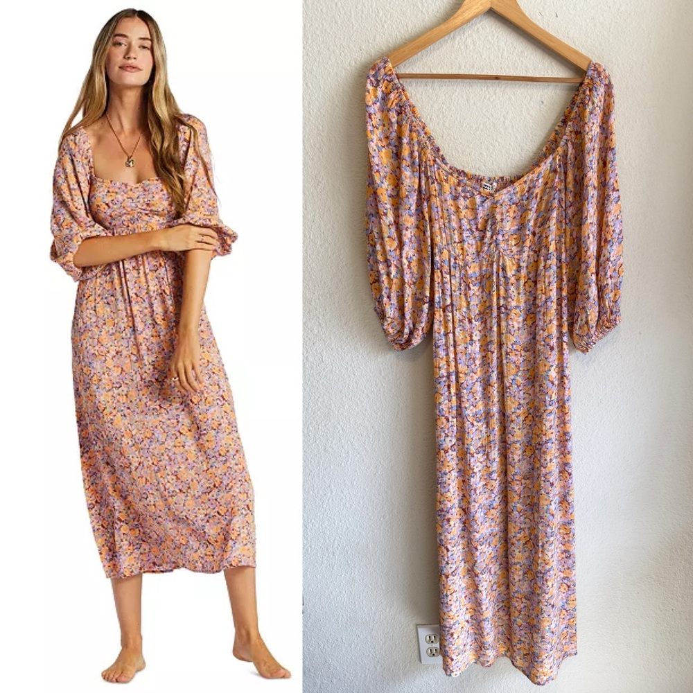 Billabong Lavender & Peach Floral Smocked Neck Dress – Size M